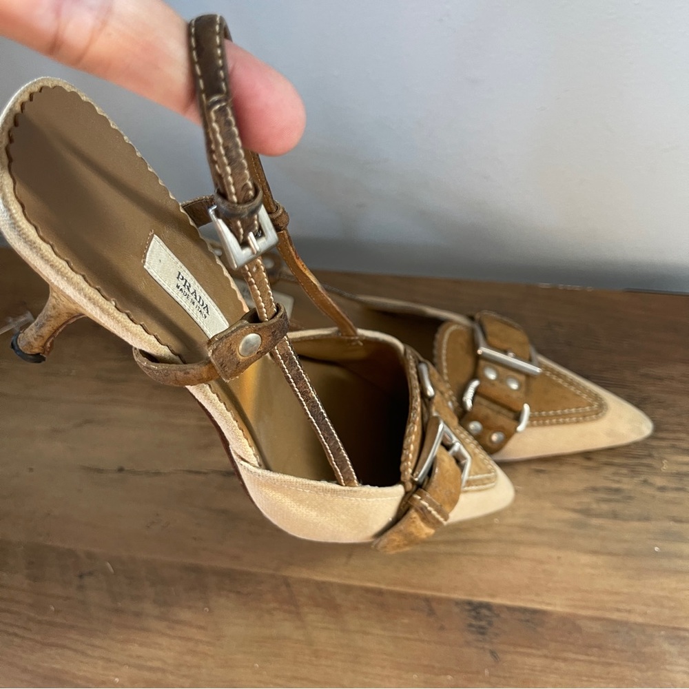 Prada Canvas & Suede Buckle Slingback Mules Heel Pumps shoes size 37.5 - Picture 10 of 11